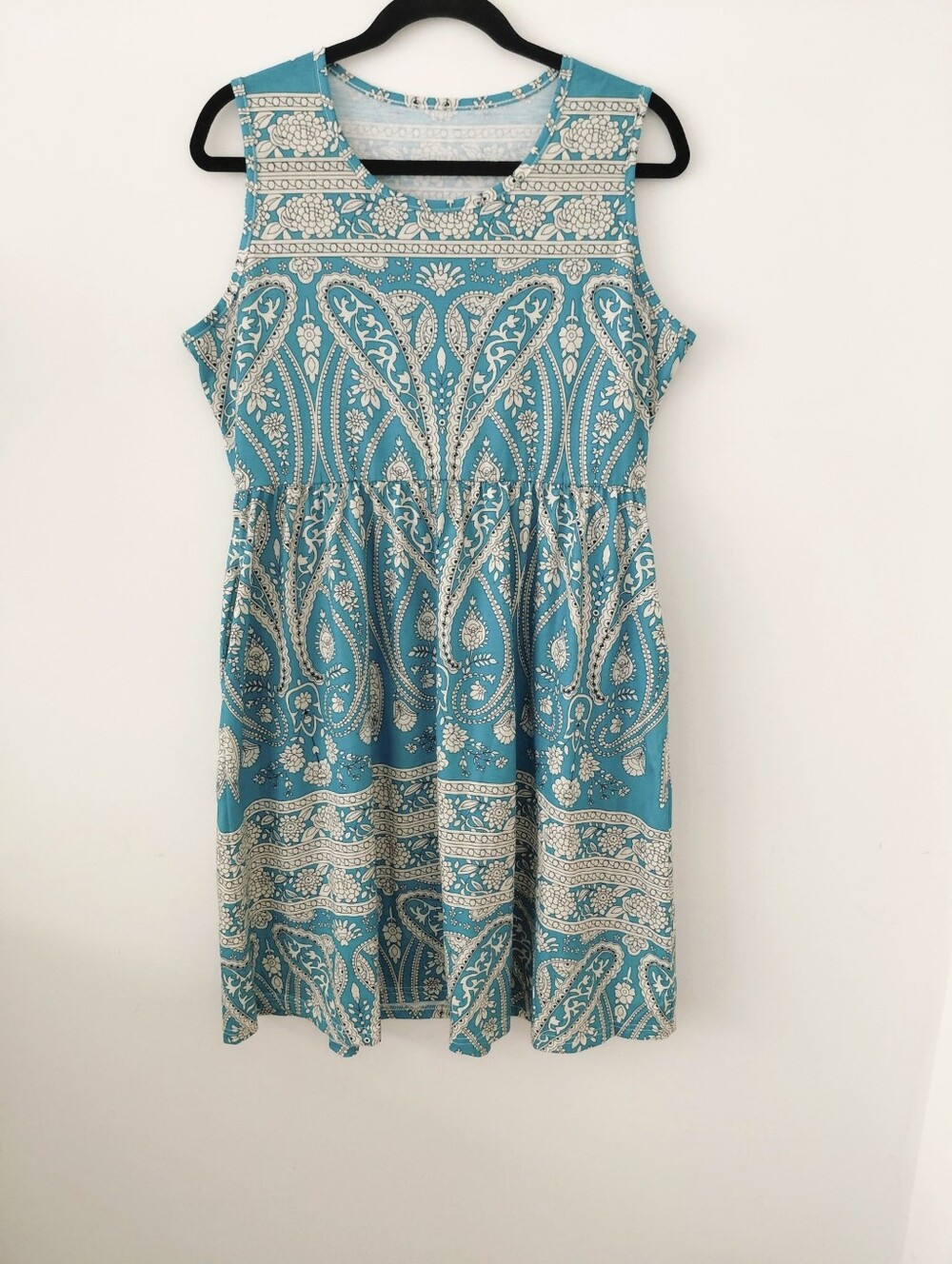 Sleeveless Teal Paisley Fit-and-Flare Dress